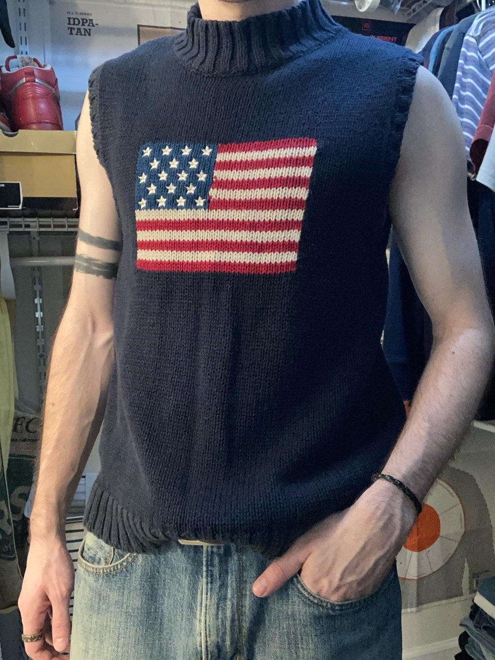 Men's Navy Knit Sweater Vest with US Flag